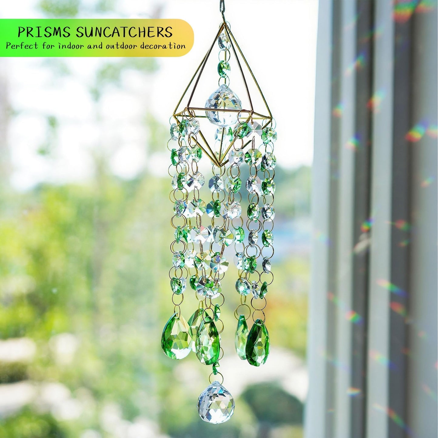 HDCRYSTALGIFTS Crystal Suncatcher Glass Wind Chimes Style Sun Catchers Indoor Window Rainbow Prisms Suncatcher for Window Hanging Home Garden Decor (21.5inch,Green)
