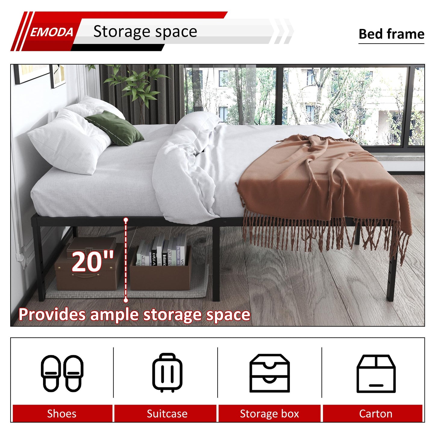 EMODA 20 Inch Queen Bed Frame No Box Spring Needed Heavy Duty Metal Tall Platform Bed Frame Queen Size with Large Storage Space, Easy Assembly, Black