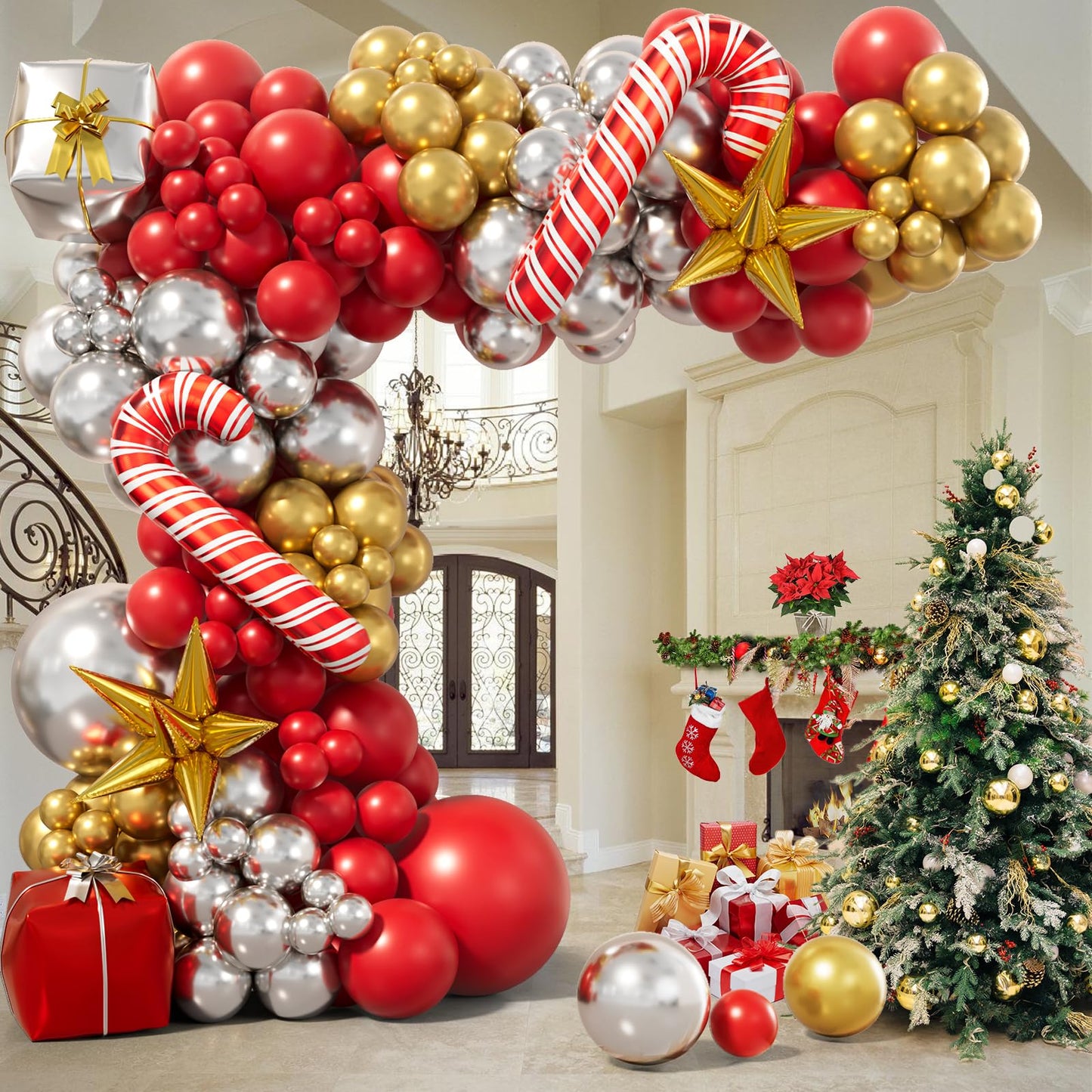 Bonropin Christmas Balloon Garland Arch Kit - Xmas Red Gold Silver Candy Cane Balloons Gift Box Starburst Balloons for New Year Winter Christmas Party Decorations