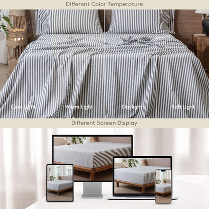 MooMee Striped Fitted Bottom Sheet Only 100% Washed Cotton Linen Like Textured Breathable Durable Soft Comfy Deep Pocket Fits Mattress up to 17" (Dark Grey White Classic Stripes, Queen)