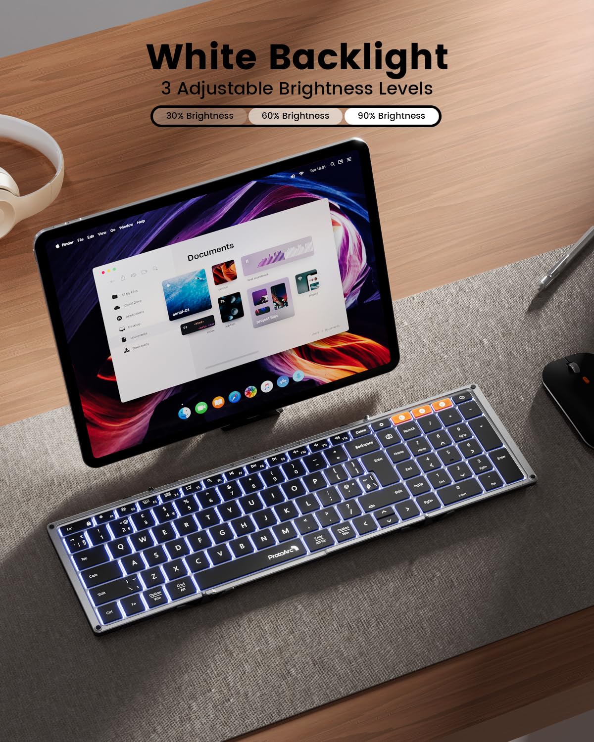 ProtoArc XK01 Plus Foldable Keyboard, Backlit Folding Portable Bluetooth Keyboard for Travel, Full Size External Wireless Keyboards with Backlight for iPad Surface Tablet Smartphone Laptop PC