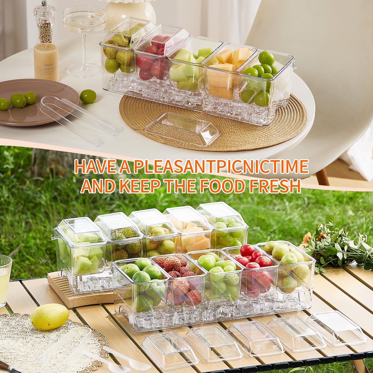 Chilled Condiment Server，Taco Bar Serving Set for Party，15.3" Condiment Serving Platters with 5 Separate Lids and Removable Compartments, Set of 5 Serving Spoons & 2 Clips (5 Containers, 1 pack)