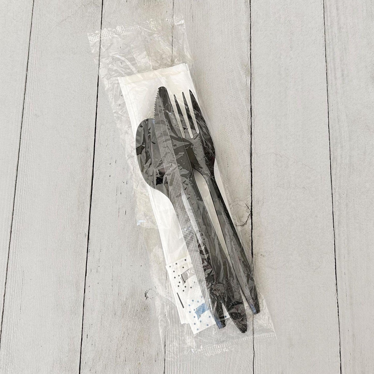 Boardwalk Disposable Plastic Cutlery Set, Six Piece Silverware Kit, Case of 250 Fork Knife Spoon Napkin Salt & Pepper, Polystyrene, Black, Individually Wrapped