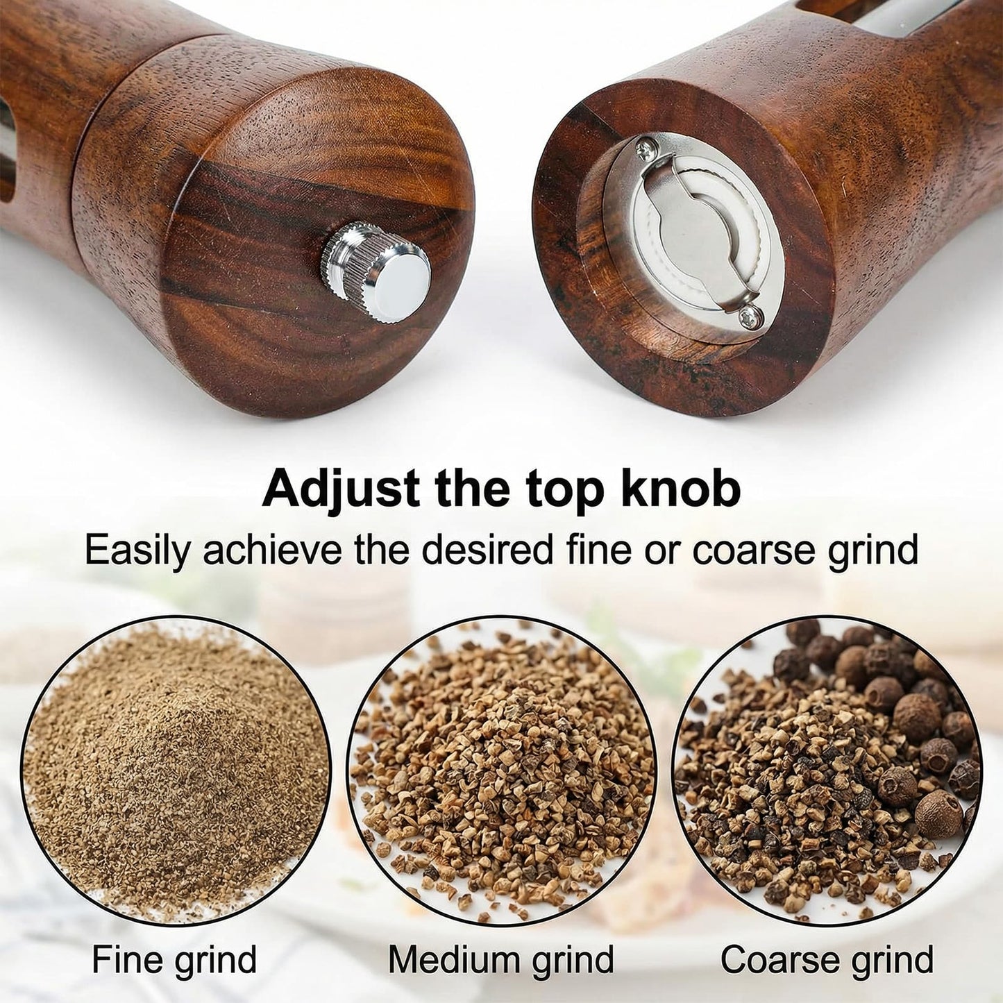 Wood Salt and Pepper Grinder Set, 8 inch Manual Refillable Wooden Salt and Pepper Shakers Mill with Brush, Tray and Spoon, Adjustable Coarseness, Solid Wood with Ceramic Stainless Steel Core