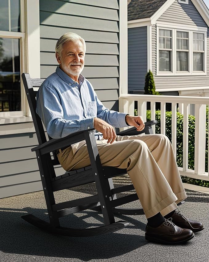 SERWALL HDPE Outdoor Rocking Chair Set of 8, Patio Rocking Chairs for Adults, All Weather Outdoor Rockers for Lawn, Grey