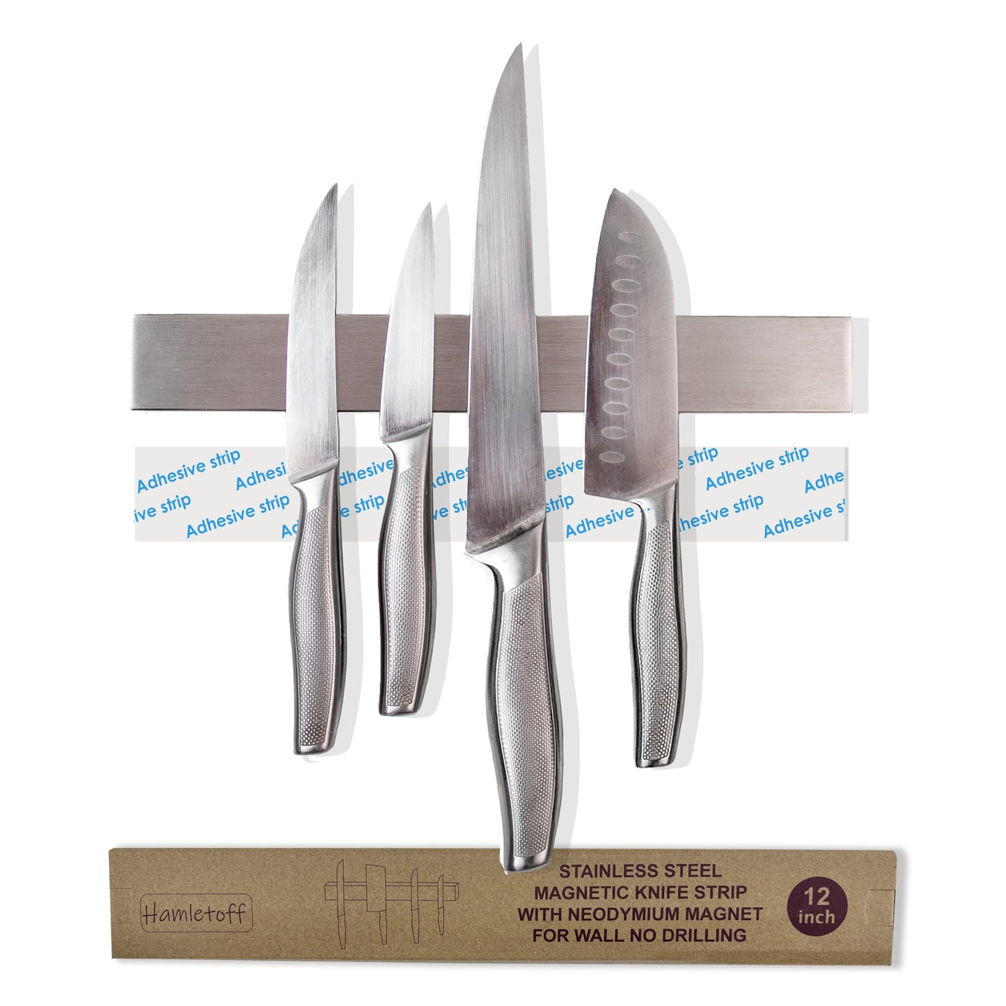 Hamletoff Premium Magnetic Knife Strip for Wall no Drilling – 12 Inch Stainless Steel Magnetic Knife Holder with Neodymium Magnet Strong Adhesive Tape - Lightweight Kitchen Magnet Knife Bar