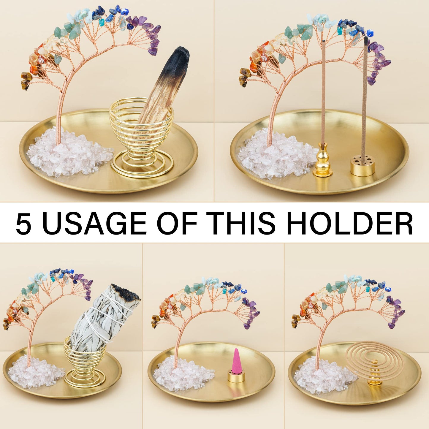 ZenBless 7 Chakra Healing Crystal Tree Incense Holder Palo Santo Sage Burner Brass Ash Catcher for Incense Sticks Coil Cones Yoga Meditation Zen Spiritual Room Home Decoration (Round)
