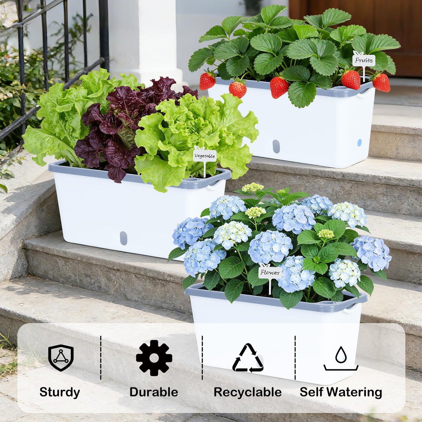 Oliz Window Box Planter 4 Packs, 14 Inches Rectangle Flower Pots with Breathable Drainage Holes, Pots for Vegetables, Herbs, Flowers, Garden Windowsill Balcony (White & Grey)