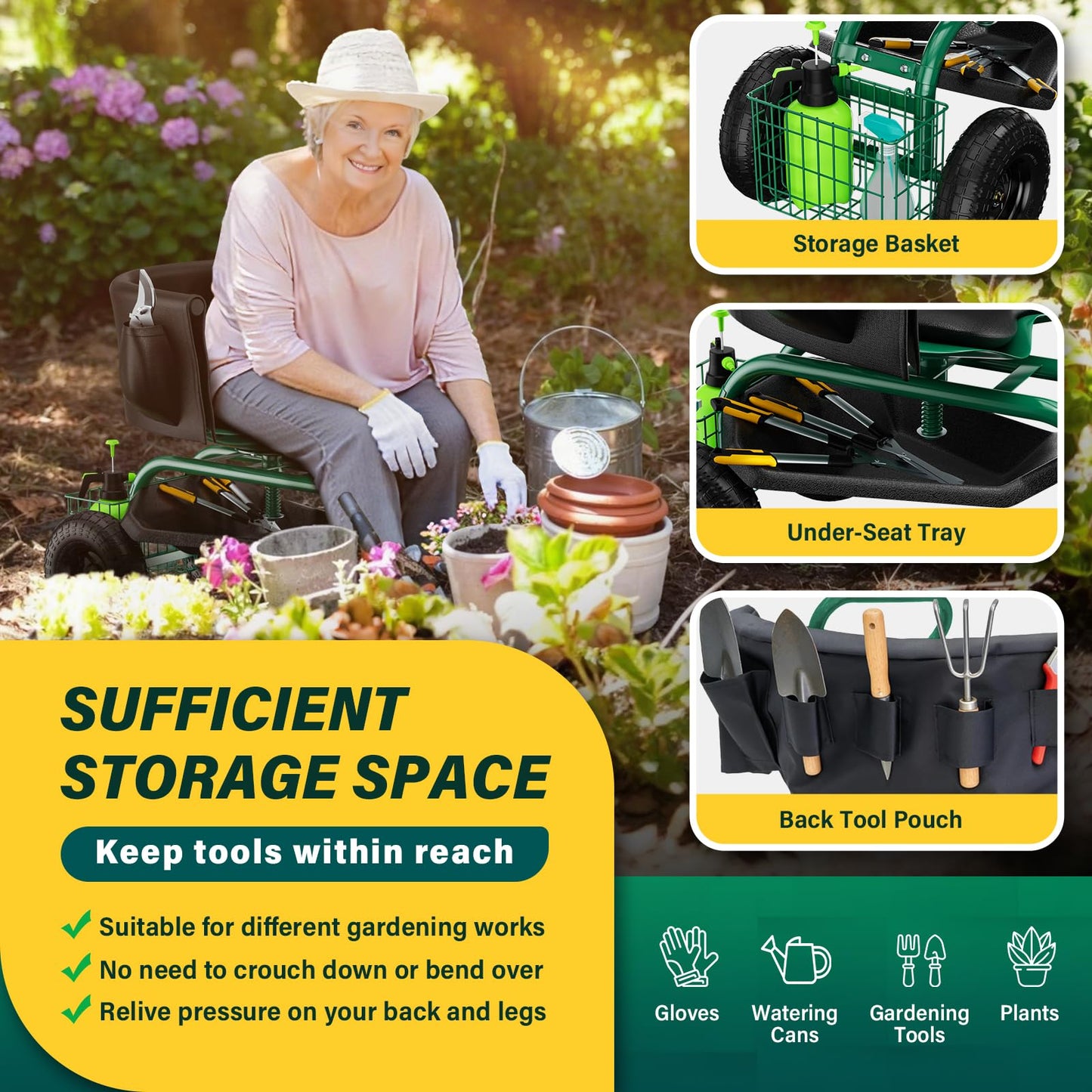Baotree Garden Seat with Wheels, Rolling Garden Stool with Adjustable 360°Swivel Seat, Storage Basket & Extendable Handle, Outdoor Gardening Scooter, Garden Cart Workseat Stools for Seniors