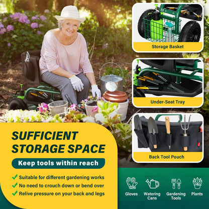 Baotree Garden Seat with Wheels, Rolling Garden Stool with Adjustable 360°Swivel Seat, Storage Basket & Extendable Handle, Outdoor Gardening Scooter, Garden Cart Workseat Stools for Seniors