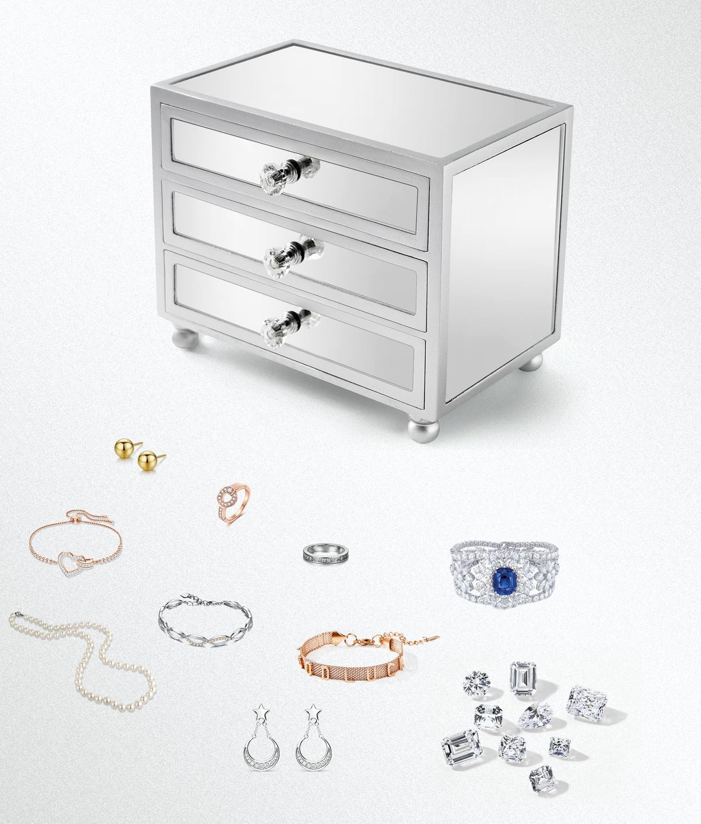 Gifturbo 3 Layer Mirrored Glass Jewelry Box, Large Capacity Women's Storage Box with Velvet Interior and Crystal Handle