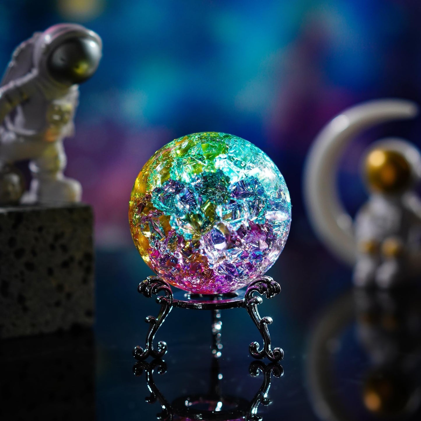 ZEERSHEE Colorful Ice Cracked Crystal Ball with Stand, 2.3" Glass Decor