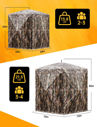270° Camouflage Hunting Blind Portable Pop-Up Tent with Shoot-Through Mesh, Waterproof Ground Blind for Deer Hunting, 2-3 & 3-4 Person Capacity & Carry Bag (3-4 Person)
