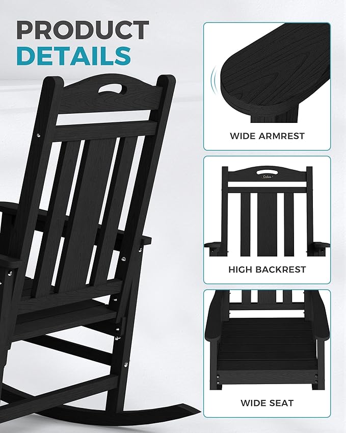 Ciokea Oversized Outdoor Rocking Chairs Set of 4, 380lbs Heavy-Duty Large Patio Rocker, High Back Cozy Porch Chairs, Weather Resistant Patio Rocking Chairs for Outside, Fire Pit, Deck, Black
