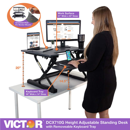 Victor DCX710G High Rise Collection Height Adjustable Standing Desk with Keyboard Tray (Gray) - Sturdy Steel Frame, Dual Lever Release System, 2 Tiered Wooden Work Surface and Keyboard Tray, 31 Inches
