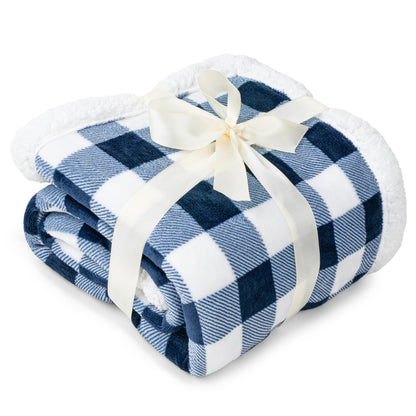PAVILIA Navy Blue and White Buffalo Plaid Sherpa Throw Blanket for Couch, Plush Checkered Fleece Blanket and Throws, Soft Fuzzy Flannel Blanket for Sofa Bed, Warm Cozy Winter Blanket Gift, 50x60