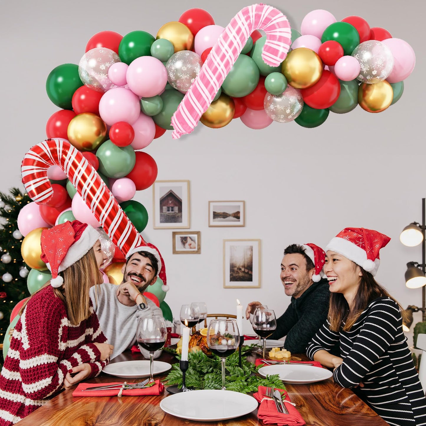 Christmas Balloon Garland Arch kit for Girls, Dark Sage Green Pink Red Gold Snowflake Xmas Balloon Arch with Red Pink Candy Cane Foil Balloons Set for Women New Year Holiday Birthday Party Decorations