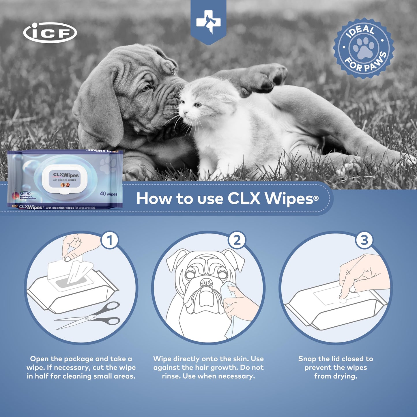 ICF | CLX Cat & Dog Wipes | Antibacterial & Antifungal Cleansing Wipes for Paws, Skin Folds & Ears | Supports Healthy Skin & Odor Control | 40 Count