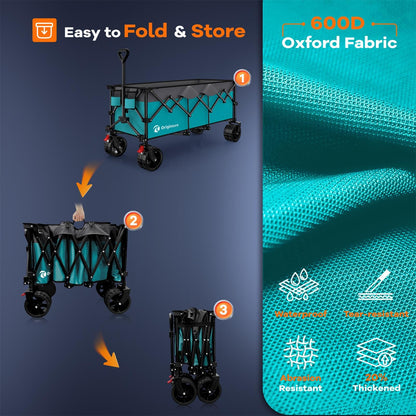 48" L Collapsible Beach Wagon Cart Foldable, 560LB Weight Capacity 300L Heavy Duty Folding Wagons with Big All-Terrain Wheels, Utility Carts for Groceries, Shopping, Camping, Sports - Grey&Turquoise