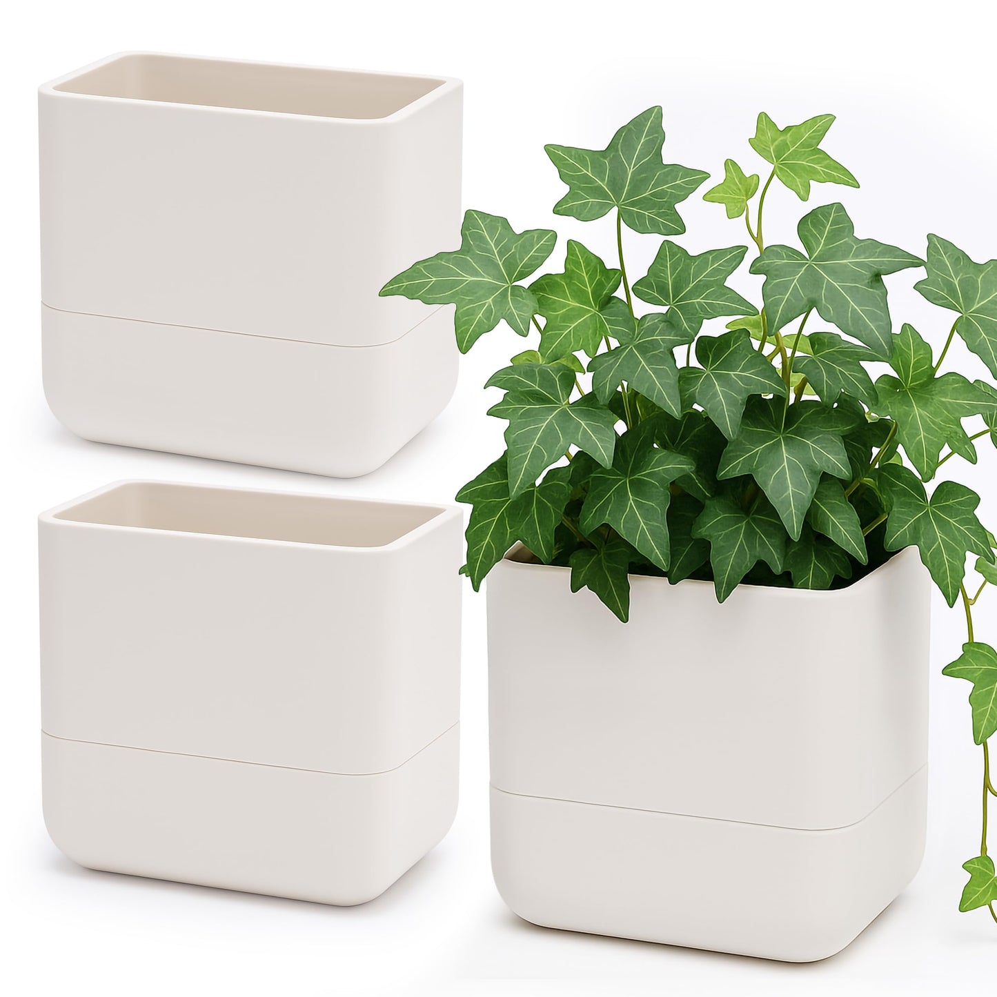 Phoenix Vine 6.5 Inch Wall Mounted Self-Watering Planter Pots for Indoor Houseplants and Herbs | Hanging Planter for Window Sills, Bathroom Walls, Home & Office Décor, Oatmeal, Set of 3, 01-C-G-3