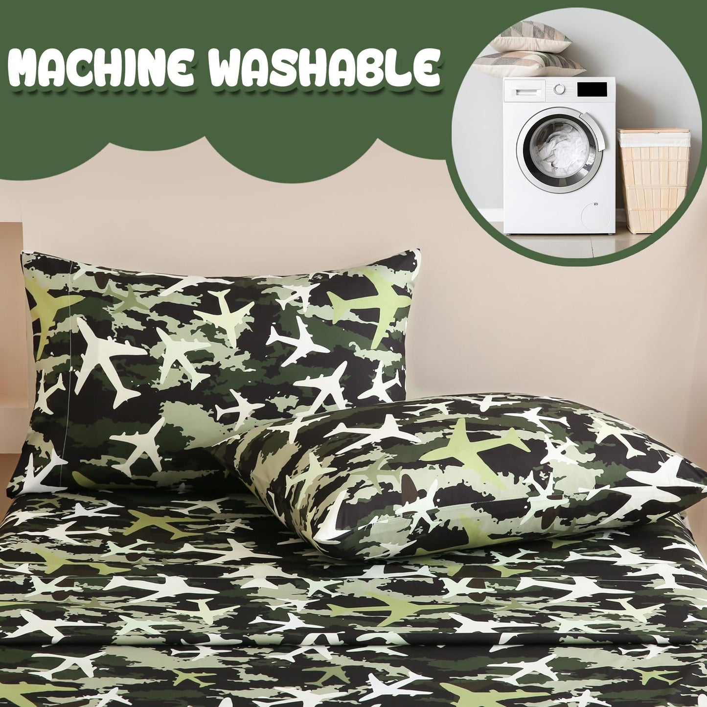 Yibeizi Airplane Sheet Set for Boys Full, Kids Camouflage Green Print Bedsheets Microfiber Deep Pocket Cute Patterned Bed Sheet & Pillowcase Sets 4 Pieces