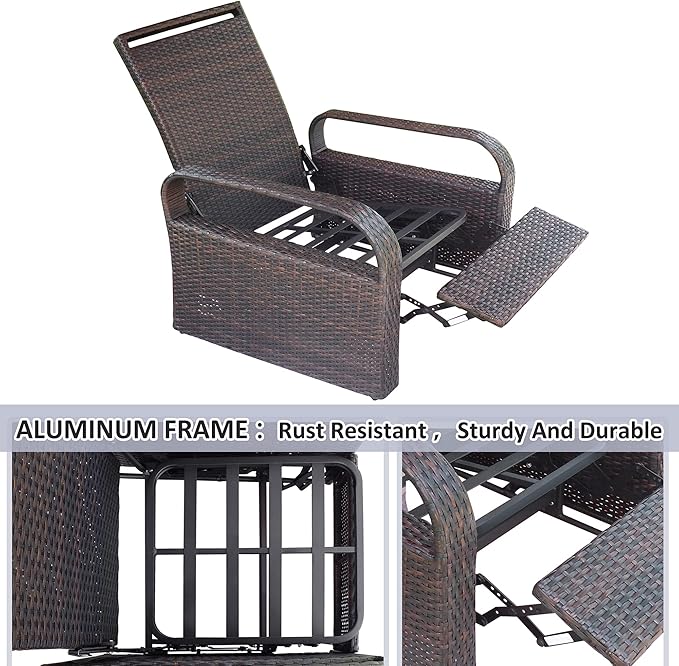 ATR ART TO REAL Outdoor Wicker Recliner Chair with 5.5'' Cushions, Automatic Adjustable Patio Chaise Lounge Chairs, Aluminum Frame Reclining Chair, UV Resistant, Rustless (Grey)