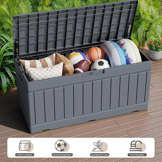 JUMMICO 78 Gallon Outdoor Deck Box Large Resin Storage Box for Patio Furniture Cushions, and Garden Tools (Gray)