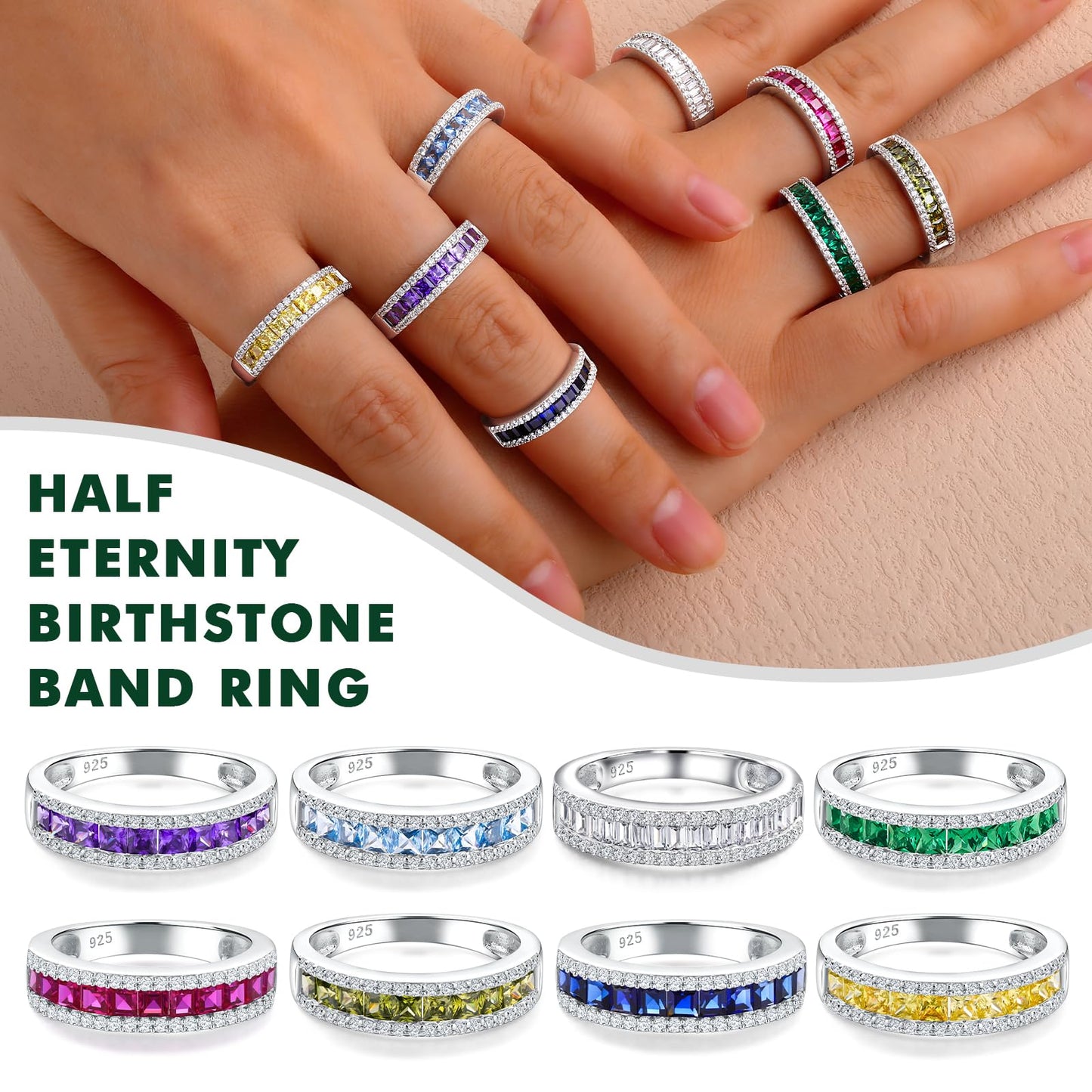 RANDES Amethyst Ring Eternity Band 925 Sterling Silver Channel Set Purple Stone Rings for Women February Birthstone Ring Size 8