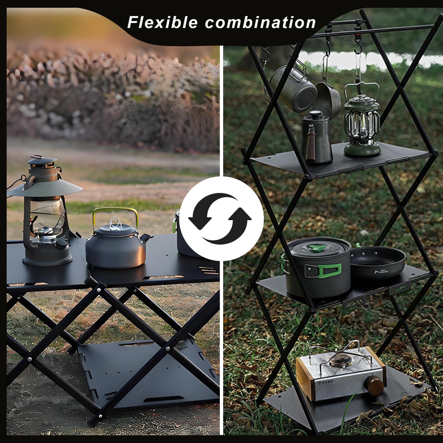 CGLRybO Folding Camping Table Portable Multi-Functional 4-Tier Picnic Rack Carbon Steel 37" with Storage Bag and 4 Hooks Indoor Outdoor, Heavy Duty, Portable, for Picnic, Party, Camping