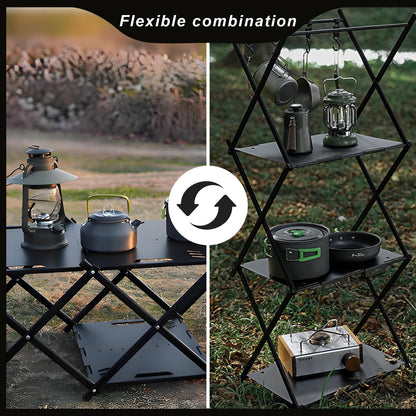 CGLRybO Folding Camping Table Portable Multi-Functional 4-Tier Picnic Rack Carbon Steel 37" with Storage Bag and 4 Hooks Indoor Outdoor, Heavy Duty, Portable, for Picnic, Party, Camping