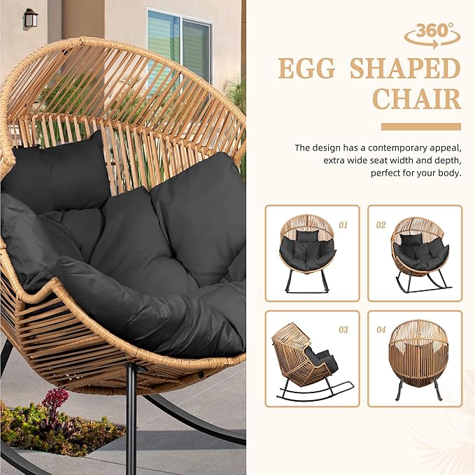 Vongrasig Wicker Rocking Egg Chair PE Rattan with Cushion, Oversized Patio Lounge Rocker Chair for Outdoor, Indoor, Balcony, Backyard, Garden, Black