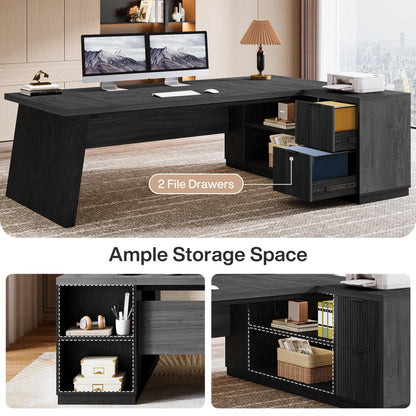 Tribesigns 78" L Shaped Desk with Drawers, Lage Office Desk with Storage Shelves, Modern Corner Computer Desk for Home Office (Gray and Black)