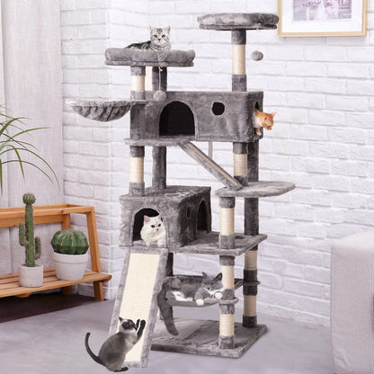 JISSBON Cat Tree Tower 178cm, Multi-Level Cat Scratching Post with Condos, Ladders, Basket, Hammock & Plush Perches for Kittens, Large Cats, Light Grey