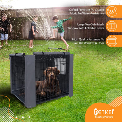 PETKEI Dog Crate Cover for Wire Dog Crate, Durable Polyester PU Coated Dog Cage Cover Designed for 1 & 2 Door Cage, Includes 1 Breathable Mesh Window & 1 Pocket (Cover Only) (Large - 36 Inches)