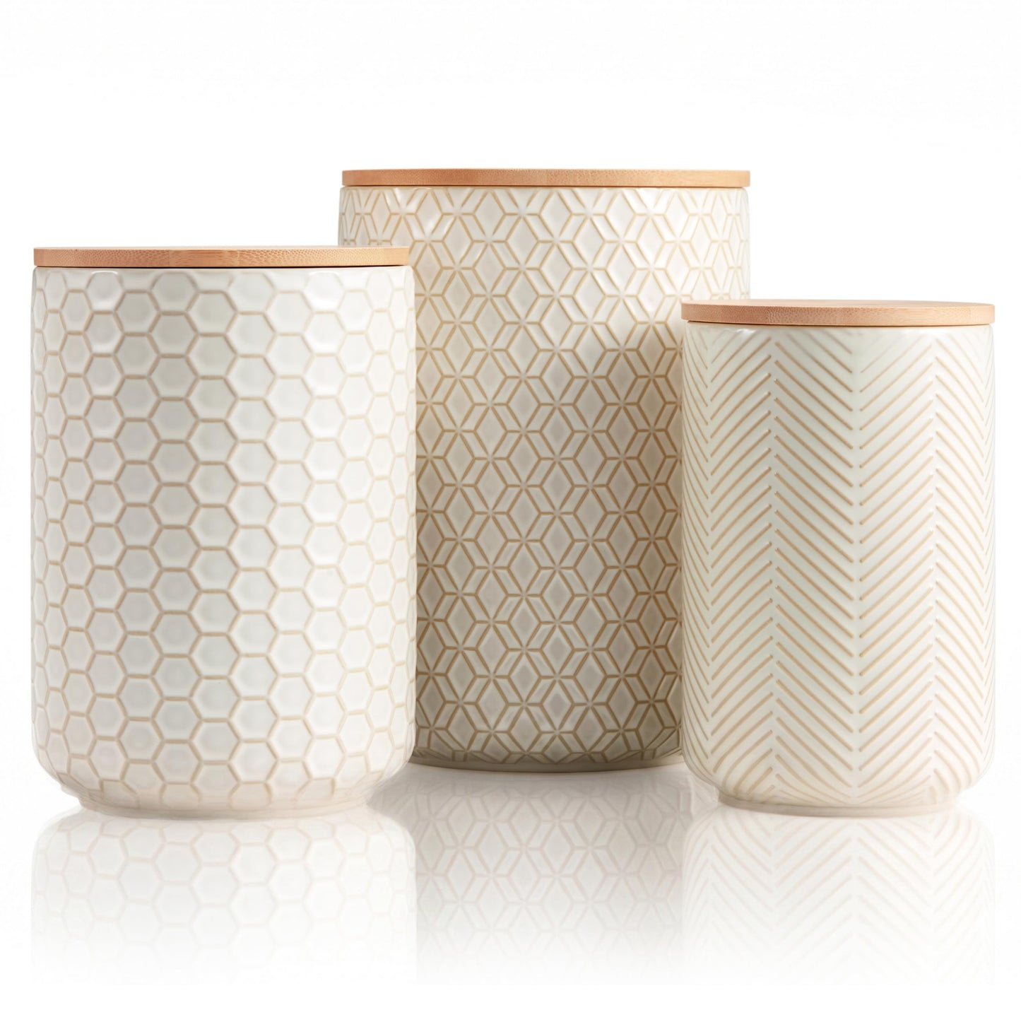 Kook Ceramic Storage Containers, Embossed Pantry & Bathroom Canisters with Airtight Bamboo Lids, Dishwasher Safe Stoneware Jars (40, 65, 100 oz), Set of 3, Narbonne Collection (Ivory)