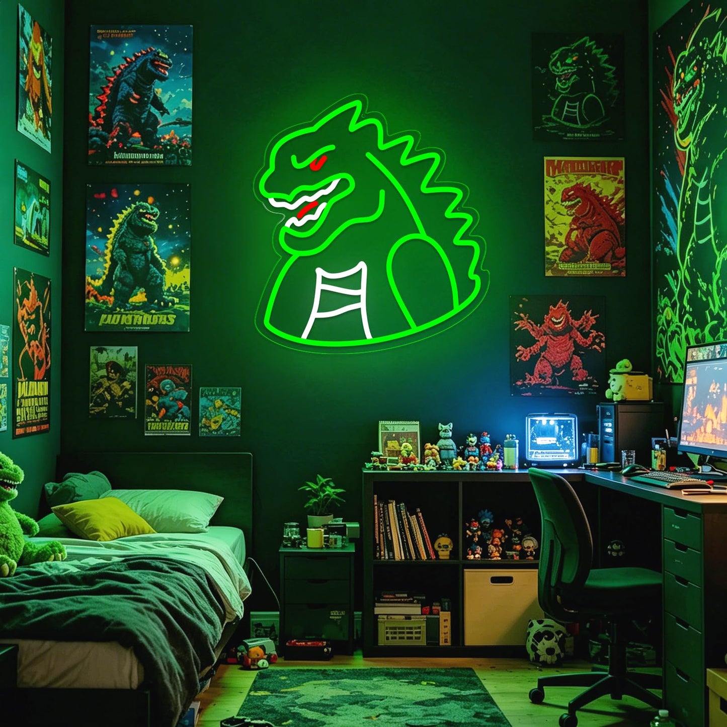 Monster Neon Sign Lights for Wall Decor, Dinosaur LED Sign for Room and Man Cave Decor, Dimmable Powered LED Signs for Boys Bedroom, Party, Birthday, Christmas Gift