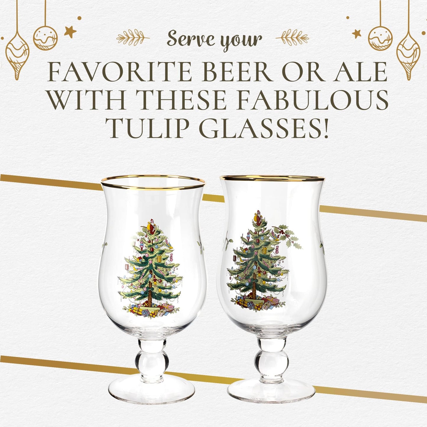 Spode Christmas Tree 17.5oz Tulip Glasses, Set of 4 - Gold-Rimmed Whimsical Holiday Glasses for Sparkling Wine & Champagne, Ideal for Holiday Brunches & New Year’s Celebrations