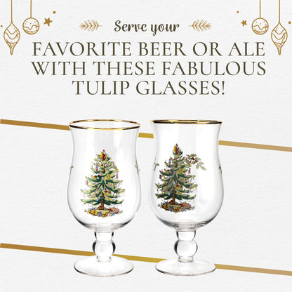 Spode Christmas Tree 17.5oz Tulip Glasses, Set of 4 - Gold-Rimmed Whimsical Holiday Glasses for Sparkling Wine & Champagne, Ideal for Holiday Brunches & New Year’s Celebrations