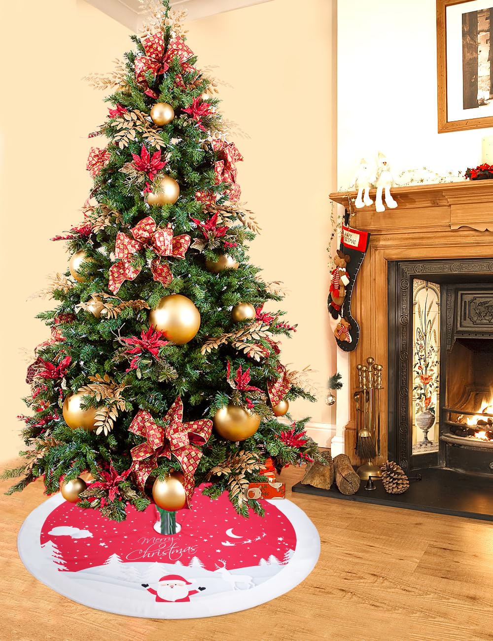 Multiwins Christmas Tree Skirt 48 inches, Red Tree Skirt Ornaments Soft Plush Christmas Tree Mat with Cute Santa Claus White Reindeer Christmas Tree Skirts for Holiday Party Indoor Outdoor