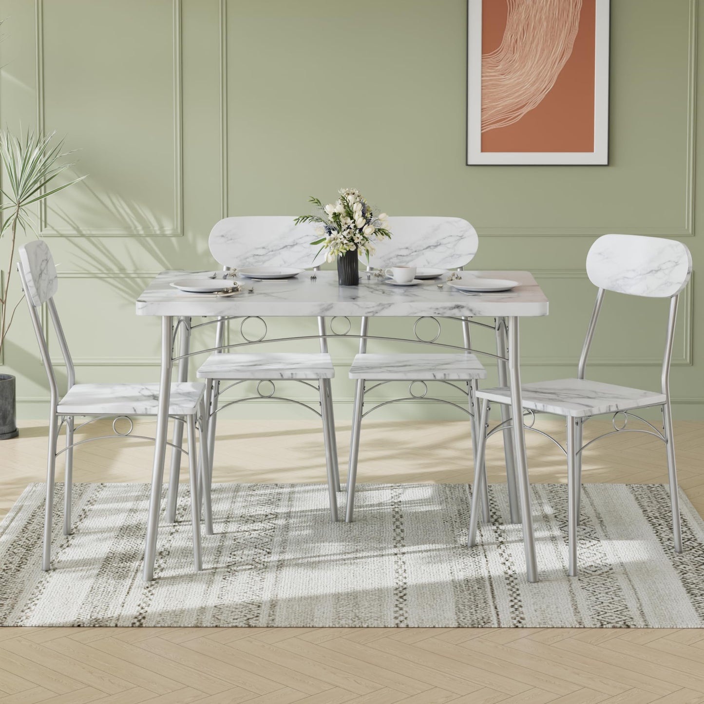 VECELO Dining Table Set for 4, 5-Piece Kitchen Table with 4 Chairs, MDF Board Tabletop with Metal Frame for Small Space, Compact Dinette, Breakfast Nook, Marble White