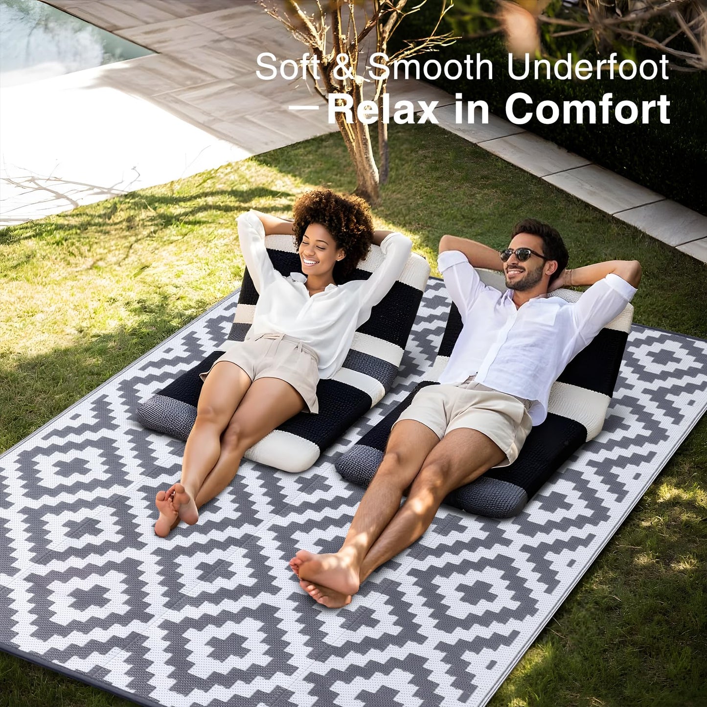 OLANLY Waterproof Outdoor Rug 10x14 ft, Outdoor Plastic Straw Rug for Camping, RV Mat Outside, Outdoor Carpet for Porch, Deck, Backyard, Balcony, Picnic, Grey & White