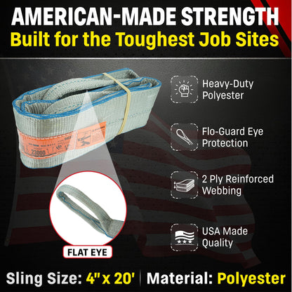 Chenango Supply DD Sling 4 Inch x 20 Foot Polyester Lifting Sling – USA Made, 11,500 lb Vertical, 9,200 lb Choker, 23,000 lb Basket – 2-Ply Heavy Duty 900 Webbing, Flo-Guard Eye & Eye Rigging Sling