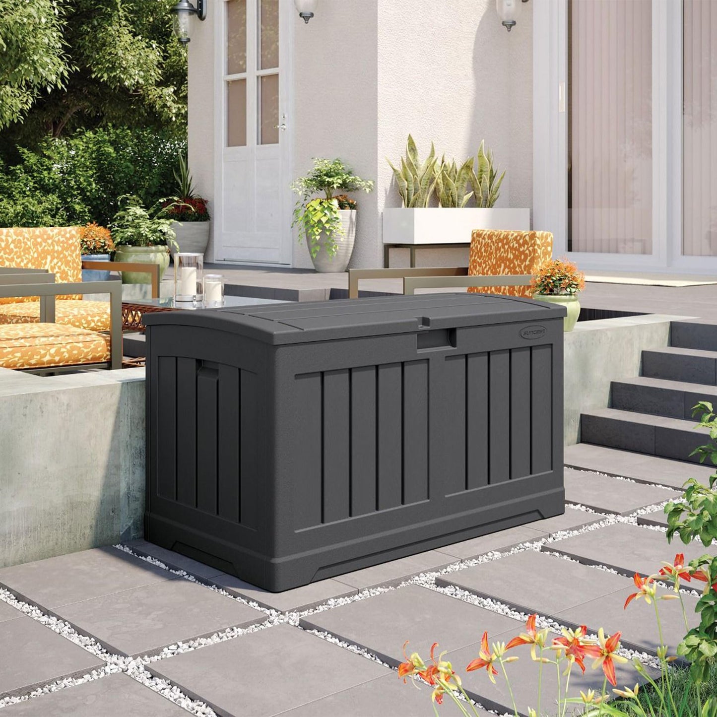 Suncast 50 Gallon Medium Capacity All Weather Construction Resin Outdoor Storage Deck Box with Arched Lid for Patio, Garden, or Pool, Peppercorn