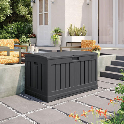 Suncast 50 Gallon Medium Capacity All Weather Construction Resin Outdoor Storage Deck Box with Arched Lid for Patio, Garden, or Pool, Peppercorn