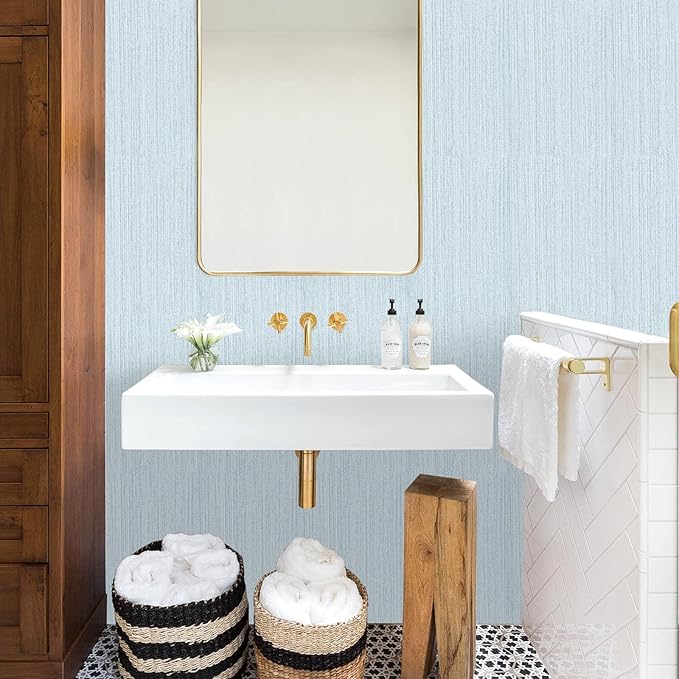 Light Blue Textured Grasscloth Peel and Stick Wallpaper, Waterproof Removable