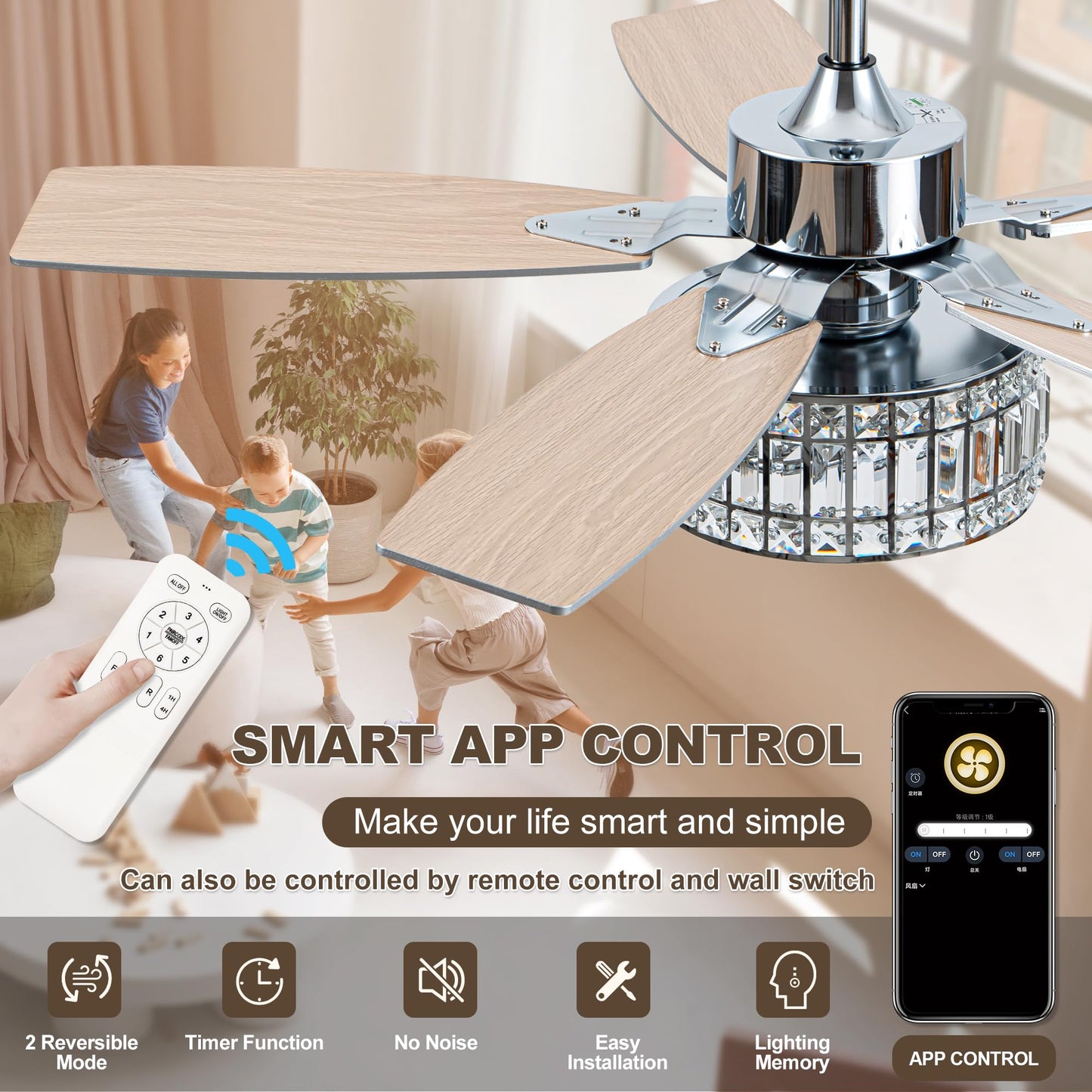 Esiovco Chandelier Ceiling Fans with Lights and Remote,Caged Ceiling Fan with Light,App 5 Blades E26 Fandelier Ceiling Fans with Lights,Crystal Ceiling Fan for Bedroom,Living Room. (Nickel, 60 Inch)