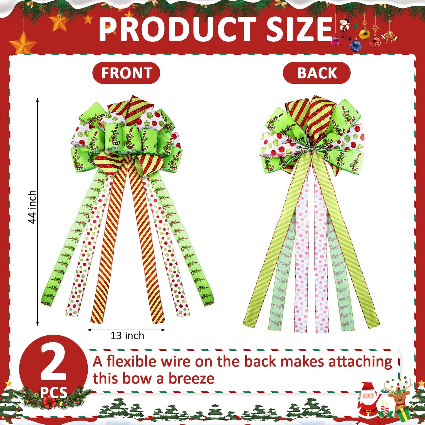 Suncalla 2 Pcs 44 x 13 Inch Large Christmas Tree Toppers Green Christmas Tree Ornaments Candy Cane Ribbon Bows Lime Green Glitter Polka Dot Wreath for Xmas Holiday Indoor Outdoor Front Door Staircase