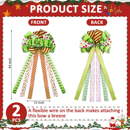 Suncalla 2 Pcs 44 x 13 Inch Large Christmas Tree Toppers Green Christmas Tree Ornaments Candy Cane Ribbon Bows Lime Green Glitter Polka Dot Wreath for Xmas Holiday Indoor Outdoor Front Door Staircase