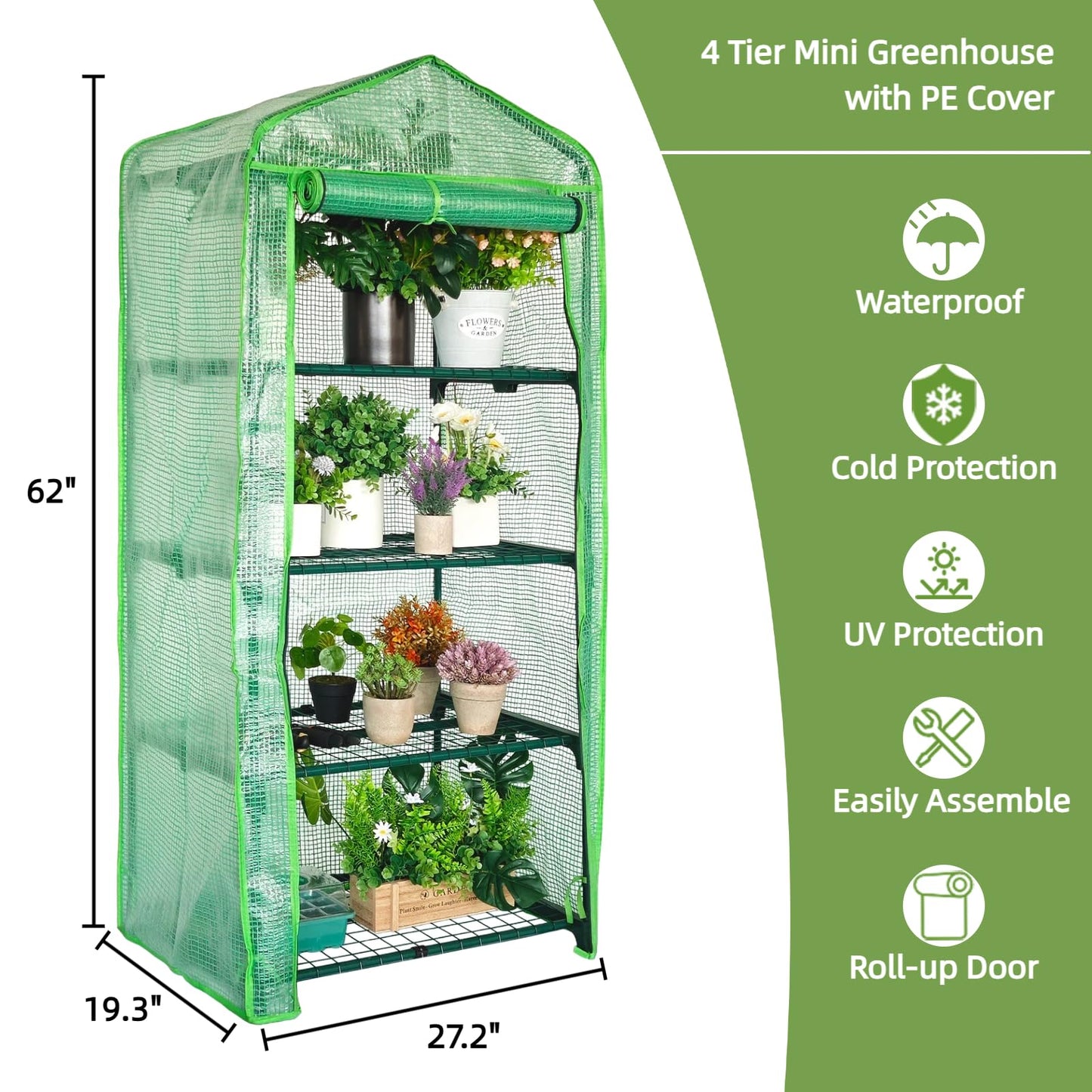 Kelived 4 Tier Mini Greenhouse - Portable Indoor Outdoor Green House with 24lbs Per Shelf, Durable PE Cover & Tool-Free Assembly for Garden Balcony Patio Backyard