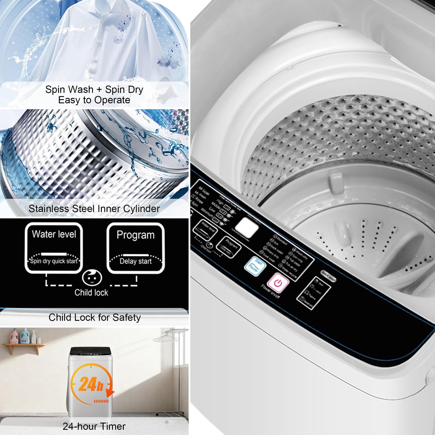 Portable Washing Machine 17.7lbs Full Automatic Portable Washer Machine for Apartment, 10 Wash Program Tub Self-cleaning Small Washing Machines for Dorm, Home, RV, Apartment, Off-White